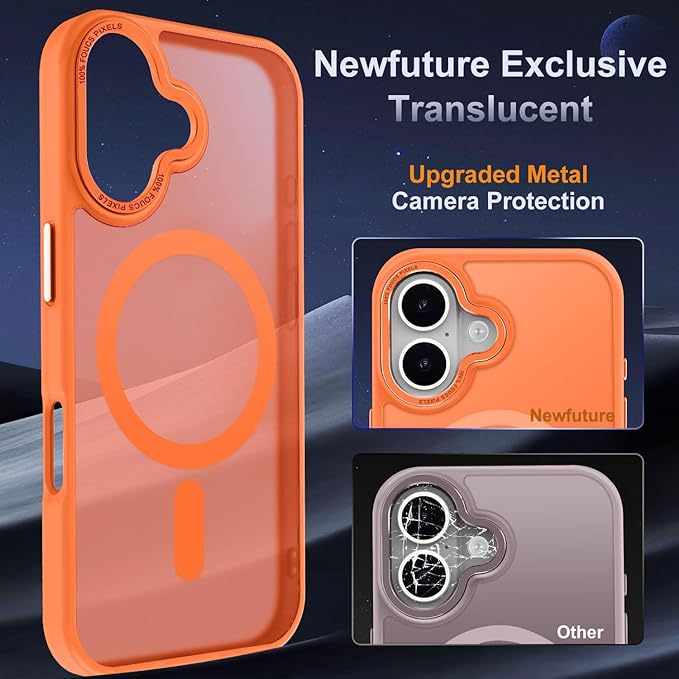 Newfuture Designed for iPhone 16 Case with Magnetic [13 FT Military Drop Protection] [Compatible with Magsafe] Slim Translucent Matte Shockproof with Anti-Fingerprint Phone Case, Orange