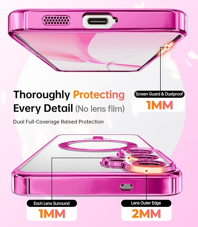 Meifgino Magnetic Case with Removable Phone Ring Stand for Samsung Galaxy S25 Plus, [Glitter Card & Wrist Strap] [MagSafe Compatible] [Built in Mirror] Phone Ring Stand + Phone Case Kit, Hot Pink