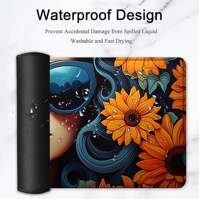 Large Mouse Pad, 31.5 x 11.8in Extended Gaming Mouse Pad with Stitched Edges, XXL Desk pad Protector Non Slip Rubber Base for Office Home Writing Mat,African American Pretty Girl Sunflower Woman