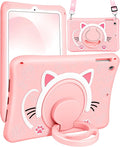 Wazzasoft Case for iPad 5th Generation 9.7 Inch, Tablet Cover for Air 1st Pro 9.7 Cute Cat 3D Cartoon Kitten with Rotating Handle Stand & Strap Silicone Funda for iPad 5th Gen