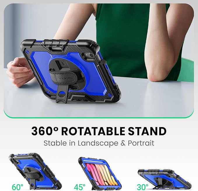 SEYMAC Case for iPad mini 7 (A17 Pro) 2024/ Mini 6 8.3″, Full-Body Shockproof Protective Case with Screen Protector, Rotating Stand, Hand/Shoulder Strap for iPad mini 7th/ 6th Generation, Dark Blue