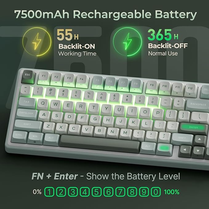 RK ROYAL KLUDGE R98 Pro Wireless Mechanical Keyboard, Creamy Bluetooth/2.4GHz/Wired RGB Gaming Keyboard with Number Pad and Knob, MDA Profile PBT Keycaps, Gasket Hot Swappable Tactile Switch, Green
