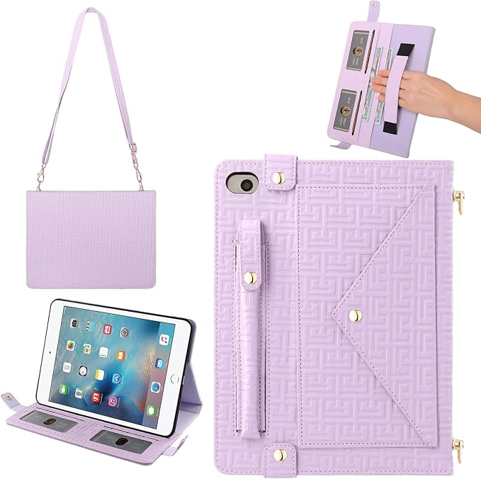 Handbag Case for iPad mini 5th 4th 3rd 2nd 1st Generation (Prior to 2019), Techcircle Elegant Crossbody Folio Stand Wallet Case with Pencil Holder, Card Slots, Hand Strap, Shoulder Strap, Lavender