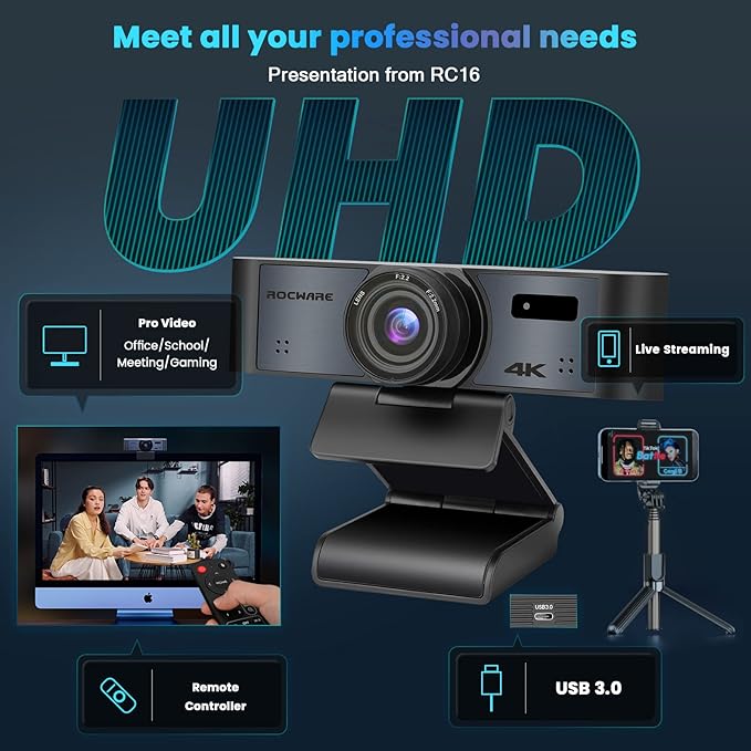 4K Webcam with Remote, RC16 Computer Camera with Microphone,1080p 60fps FHD,AI Tracking,Privacy Cover, WDR,110°FOV,8X Digital Zoom,Streaming Camera for PC/Meeting/Teaching/Zoom