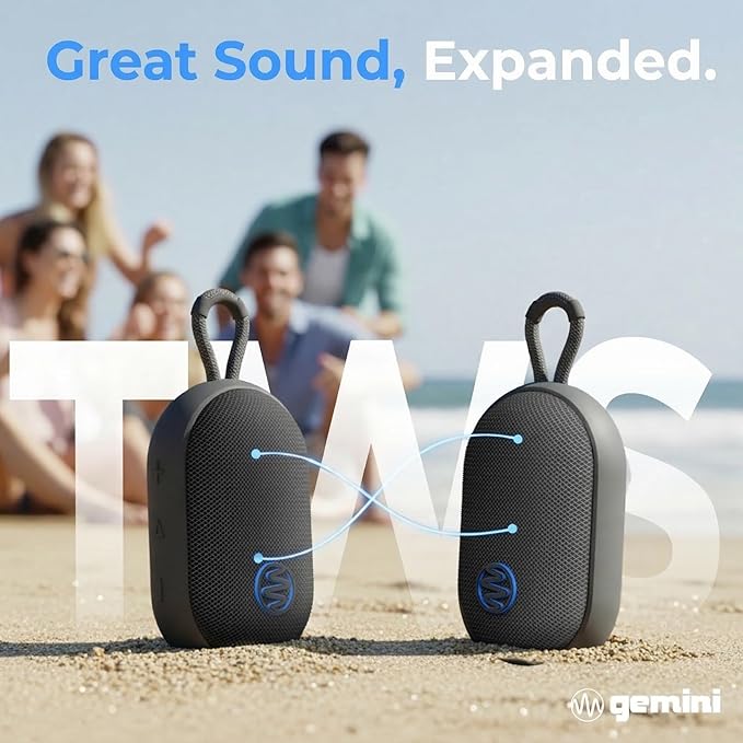 Gemini Mini Bluetooth Speaker - Small Portable Waterproof with Carabiner, Compact Travel Design, IPX7 Shower Proof, 12Hr Battery, TWS Pairing for Outdoors, Beach, Hiking (BEATORB)