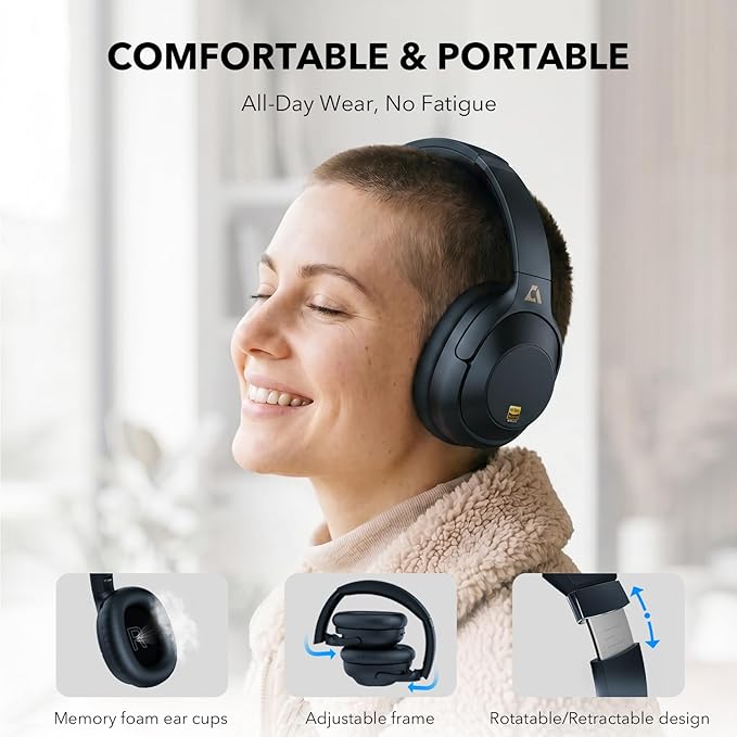 Bluetooth 6.0 Active Noise Cancelling Headphones for Airplane Travel, LDAC Hi-Res Audio, 90H Playtime Wired and Wireless Headphones, Over Ear ANC Headset for Home Office, Custom EQ via APP, Blue