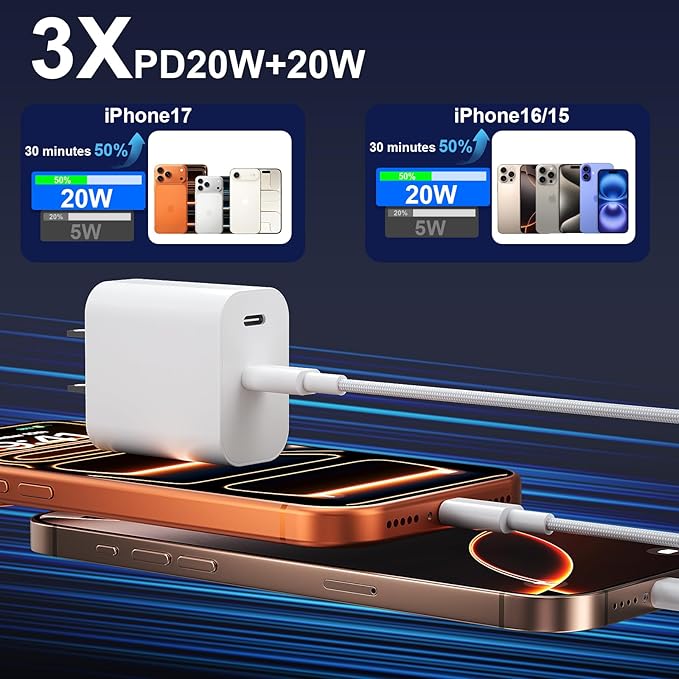 Fast Charger for 15 16 17 Pro Max, 10FT Nylon Braided USB C to C Charging Cable Cord & 20W Dual Port USB C Fast Charger Block for Phone 17 16 15 Pro Max/17 16 15/15 Plus,Android Phone-White