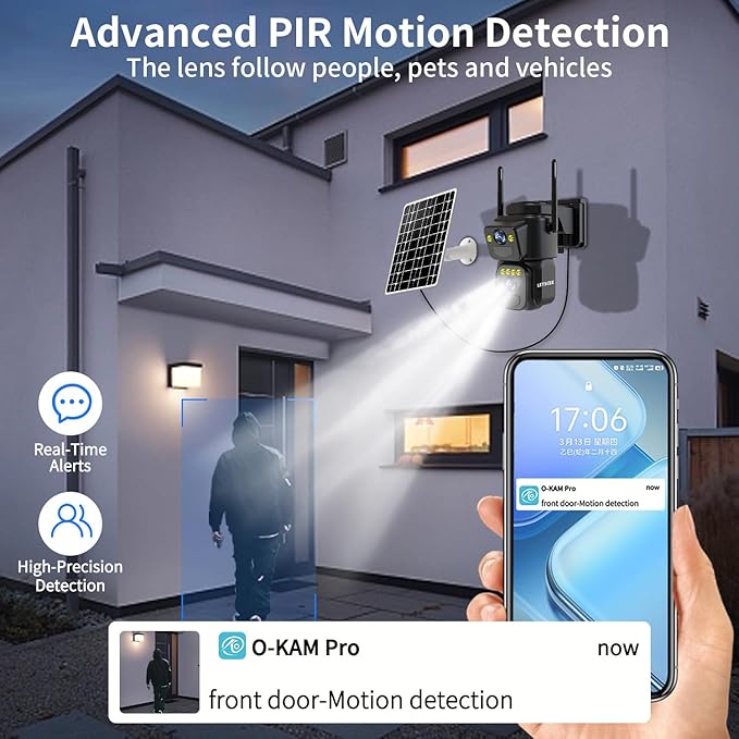 LETSCEE Dual Lens Security Cameras Wireless Outdoor，Solar Cameras for Home Security，Motion Detection,Night Vision,No Month Fee,IP65 Water Proof