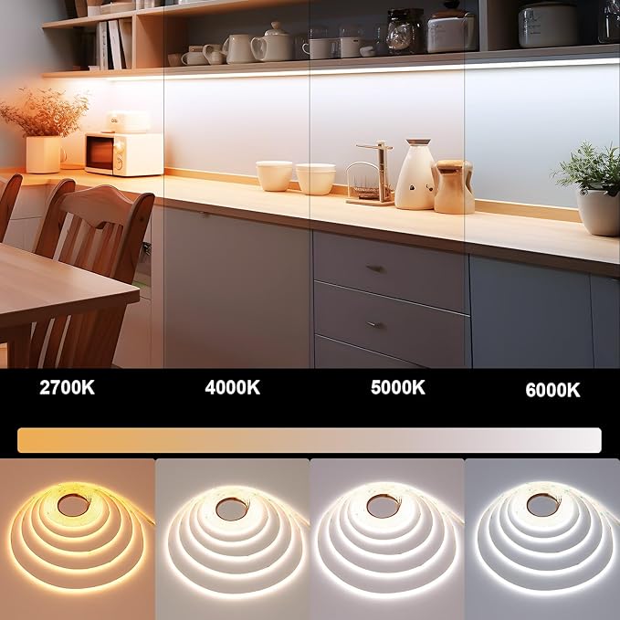 TOPAI 5mm Ultra Thin 24V COB LED Strip CCT Dimmable White 2700-6500K CRI>90+ Dotless 16.4ft 608LEDs/M High Density Cuttable Flexible Self Adhesive for Cabinet Home DIY Lighting
