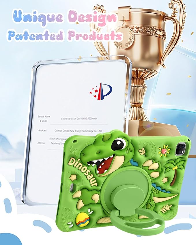Boaretiu for iPad Air M4/M3/M2 11"/Air 4th/Air 5th Gen/for iPad Pro 11"(1/2/3/4) Case - Cute Cartoon Silicone Cover with Adjustable Shoulder Strap & Rotating Stand for Kids Boys Girls, Green Dinosaur