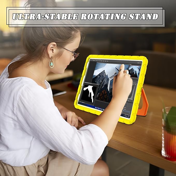 for iPad Pro 12.9 Case 3rd 4th 5th 6th Generation with Pencil Holder & 360° Rotating Handle Stand, New Cute Rugged Cover for iPad Pro 12.9 inch 2022/2021/2020/2018 - Yellow