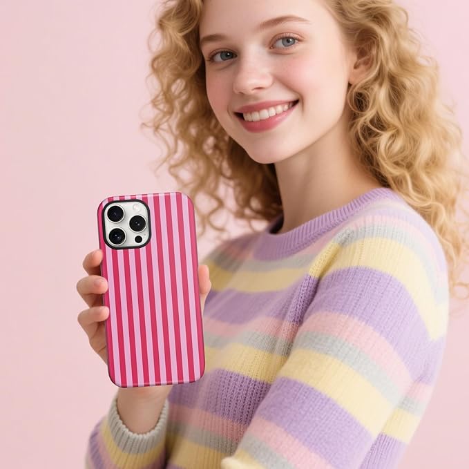 Magnetic for iPhone 15 Pro Case Cute Stripes Phone Case, Shockproof Slim TPU and Hard PC Protective Phone Cover Compatible with MagSafe Designed for Women Girls, Red and Pink