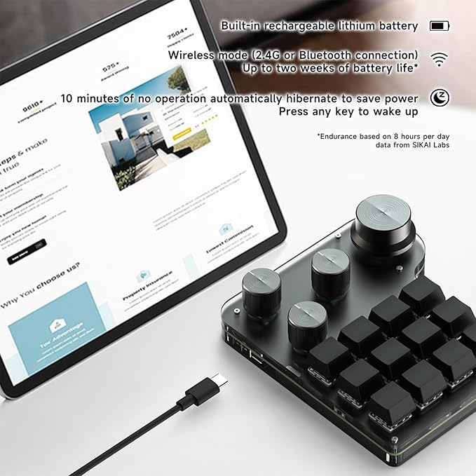 12 Keys Programmable Keyboard with 4-Knobs, One Handed Macro Pad, RGB Backlight Hot-swapping USB Designer Mini Keyboard for Gaming/Office/Work/PS
