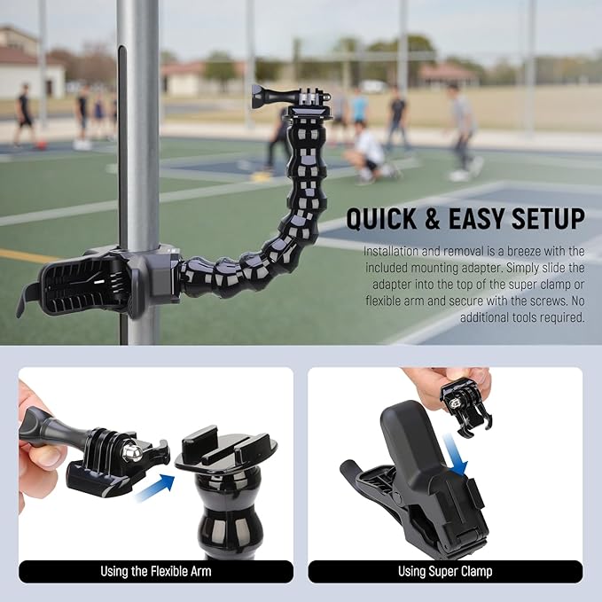 NEEWER Flexible Clamp Mount Compatible with GoPro DJI Action Cameras, Jaw Flex Super Clamp Holder, Desk Pole Clip Mount with Tube & Adapter Accessories for Photography & Video Recording, GP-80
