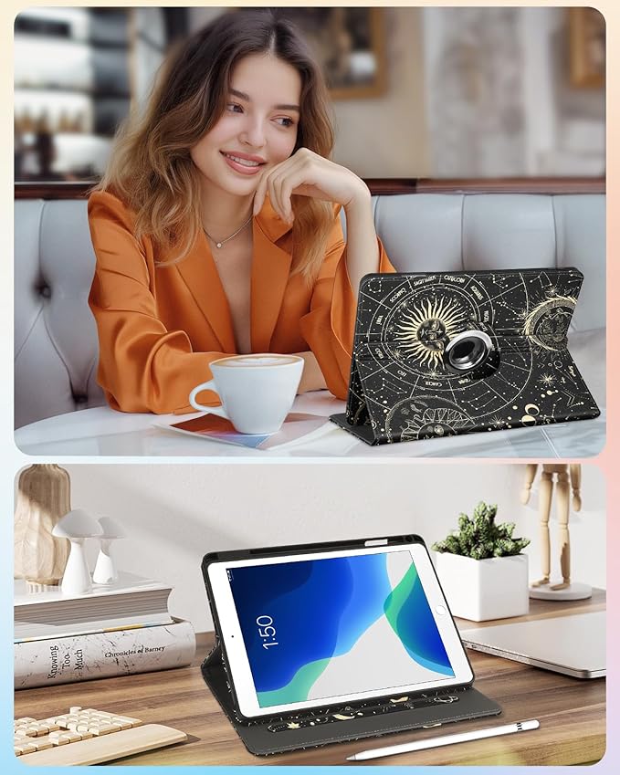 Kidcube for iPad 9th/8th/7th Generation Case 10.2 Inch - for Women Girls Cute Rotating Stand Folio Cover with Pencil Holder & Card Slot Girly Sun Moon Stars Design Teens for iPad 9th/8th/7th Gen Cases