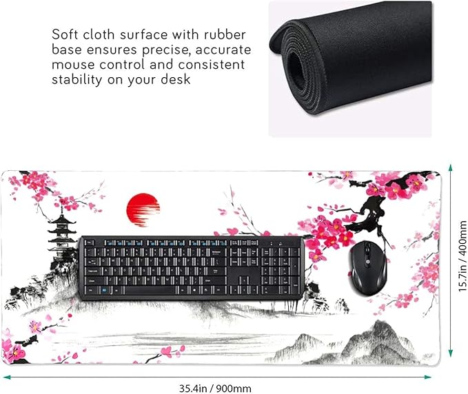 Watercolor Cherry Blossom Mouse Pad 35.4 X 15.7 Inch Japanese Hills Extended Large Pink Mouse Mat Non-Slip Rubber Base Mousepad with Stitched Edges Waterproof Desk Pad for Gaming&Home Office,XL