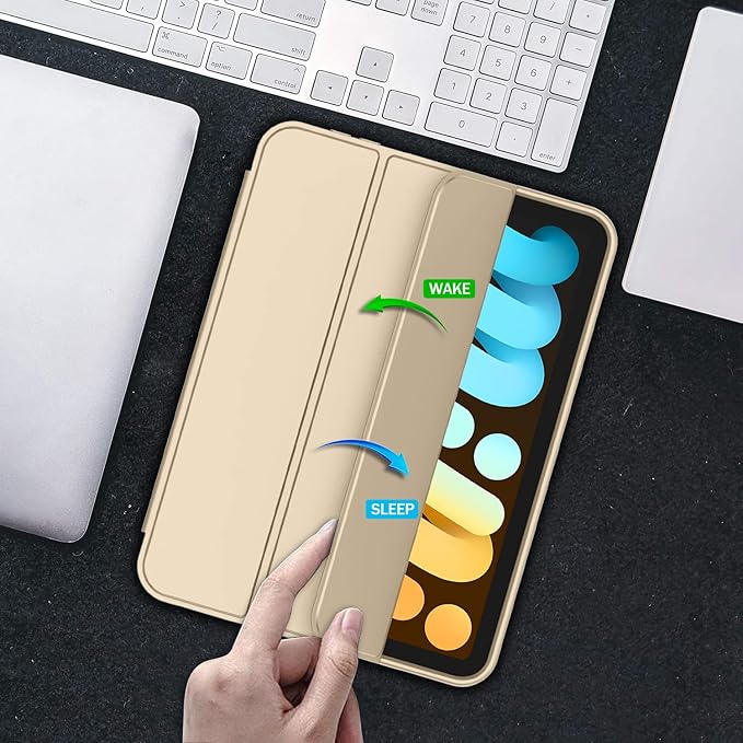 iMieet iPad Mini 7 Case 2024 (A17 Pro), iPad Mini 6 Case (8.3-Inch,2021 Model), iPad Mini 7th/6th Generation Case with Pencil Holder, Trifold Stand Smart Case with Soft TPU Back,Champagne Gold