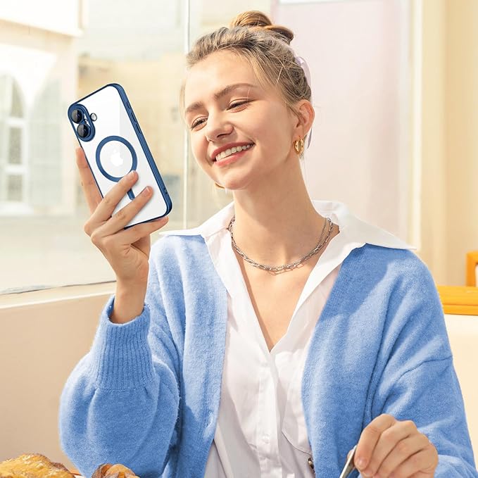 Hython Magnetic Clear for iPhone 16 Case with Camera Lens Protector [Compatible with MagSafe] Luxury Plating Edge Slim Soft TPU Cover Protective Phone Case for iPhone 16 6.1", Matte Deep Blue