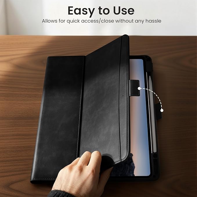Handcrafted Case for iPad Air 13 Inch M4/M3/M2 (2026/2025/2024) with Pencil Holder & Hand Strap & Pocket,Magnetic Clasp,Multi Angles Stand,Protective Folio Cover,Auto Sleep/Wake,Black