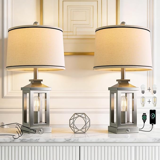 G-SAFAVA 24" Table Lamps for Living Room Bedroom Modern Metal Bedside Lamps Set of 2 Nightstand Lamp for Night Stands 3 Way Dimmable Touch Lamp with USB C+A Ports and 2 Light Sources, 4 Bulbs Includes
