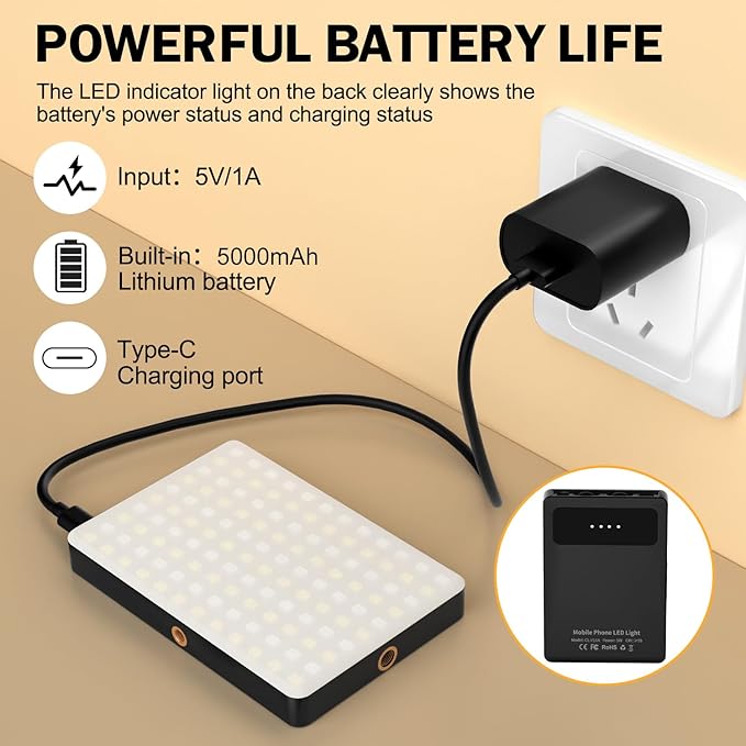 120 LED Selfie Light for iPhone, Portable Phone Light with Clip & Camera Tripod Adapter - 5000mAh Rechargeable, 3 Lighting Modes, CRI 97+ for Video Recording, TikTok, Tripod Mount Rings