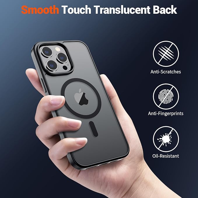 SUPFINE Magnetic for iPhone 15 Pro Max Case (Compatible with MagSafe) (Military Grade Drop Protection) Translucent Matte Shockproof Phone Cover, Black
