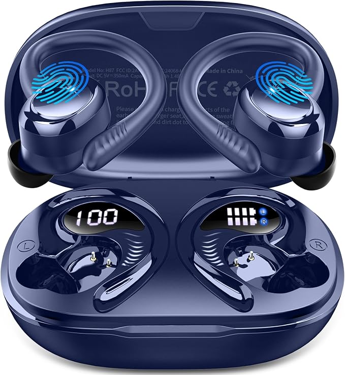 Hupoaf Wireless Earbuds Sport, 2025 Bluetooth 5.4 Headphones with Earhooks, 50H Stereo Deep Bass Over Ear Buds with 4 ENC Noise Canceling Mics, IP7 Waterproof Earphones for Running Workout Gym -Blue