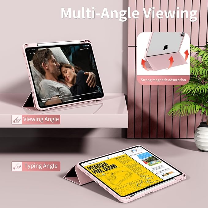 Case for iPad Pro 12.9 Inch (6th/5th/4th/3rd Generation 2022/2021/2020/2018) with Pencil Holder, Clear Transparent Back Shell Slim Stand Shockproof Tablet Cover, Auto Wake/Sleep, Pink