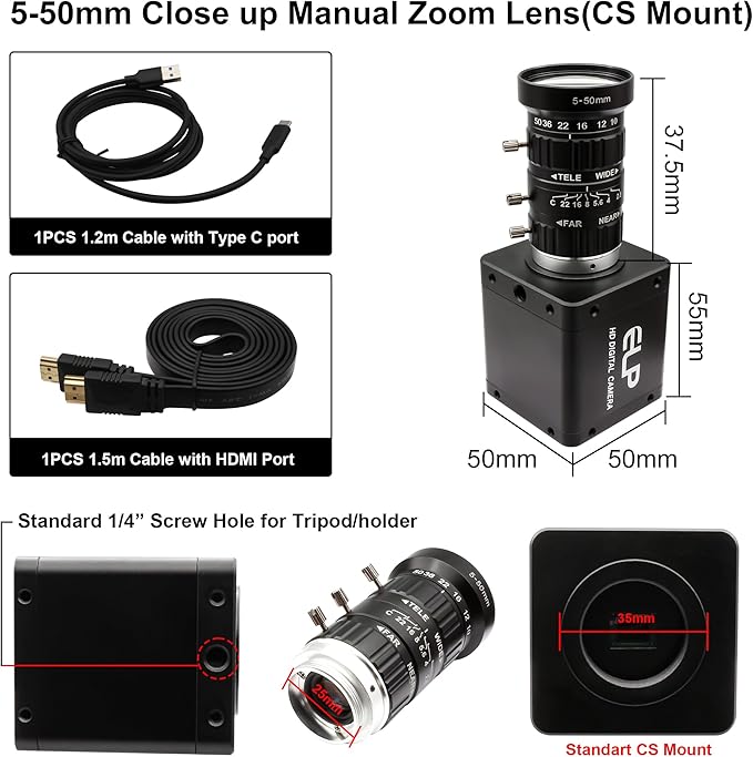 4K HDMI USB3.0 Simultaneous Output Camera H.264 High Speed 60fps Low Illumination Color Lightburn Webcam, 5-50mm 10X Zoom Manual Lens Plug & Play for Windows Linux Android Live Streaming