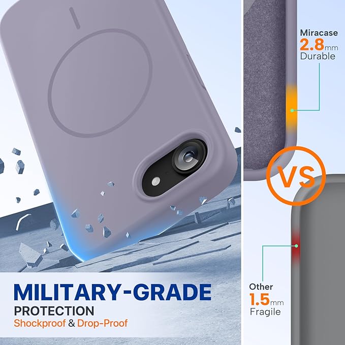 Miracase Magnetic for iPhone 17e Case & iPhone 16e Case, [Soft Anti-Scratch Microfiber Lining], Compatible with MagSafe, Silicone Shockproof Protection Phone Case for iPhone 17e/16e, Lavender Gray