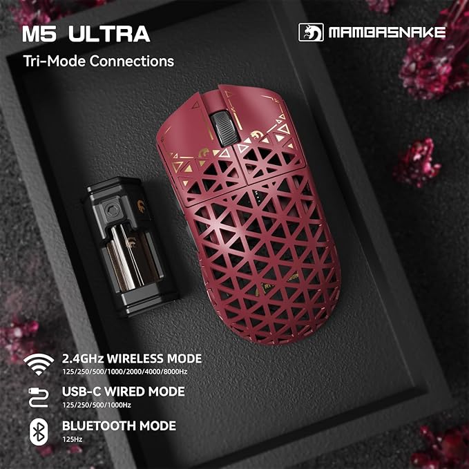 MAMBASNAKE M5 Ultra Carbon Fiber 8KHz Wireless Gaming Mouse,PAW3950MAX Sensor 42K DPI,39g Superlight Tri-Mode 2.4GHz/BT/Wired Computer Mice,Web Driver Support,for Win/Mac/FPS/MOBA/Esports-Red (A)