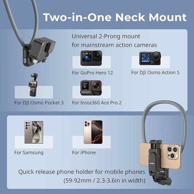 SMALLRIG Magnetic Neck Mount for Action Cameras & Phones, Comfortable POV Shooting Support with Universal 2-Prong Adapter and Phone Holder, 5128