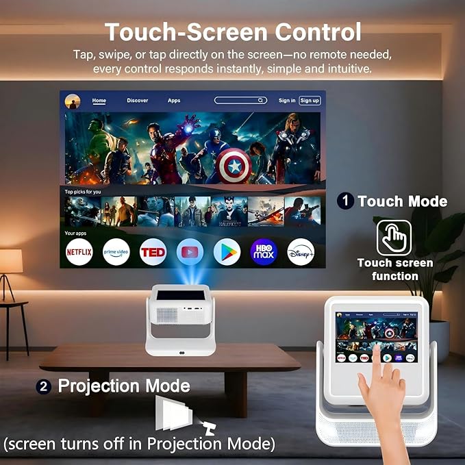 【Touch Screen/APP Store/800 ANSI/Auto Focus】Portable Projector, Full HD 4K Support Smart Video Projector, WiFi 6 Bluetooth for Home Theater/Gaming/Outdoor (180° Stand & 300 ''Display)