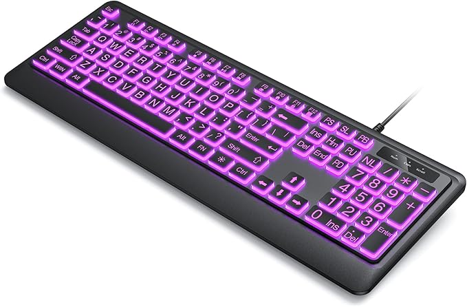 Luzarriba Large Print Backlit Computer Keyboards, 7 Colors Backlight USB Keyboard, Plug-and-Play, Foldable Stands, Corded Full Size Keyboard for Windows, PC, Laptop (Black, Large)