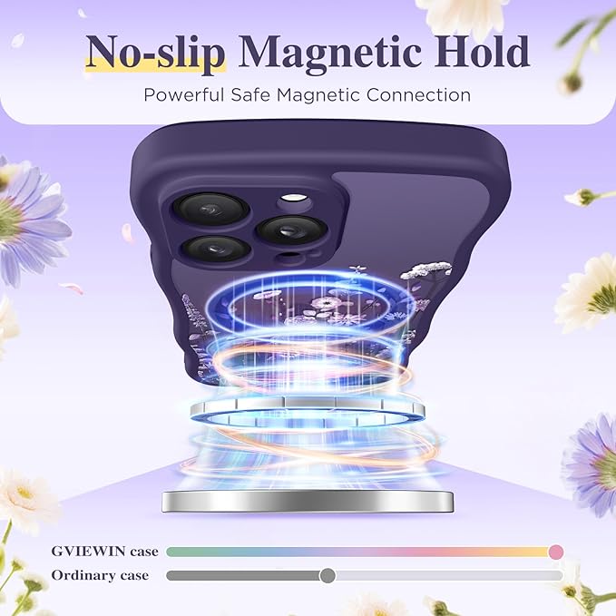 GVIEWIN for iPhone 14 Pro Case Compatible with MagSafe [Curly Wave Edge][Full Camera Protection] Floral Translucent Shockproof Magnetic Women Phone Case for 14 Pro, Floratopia/Deep Purple