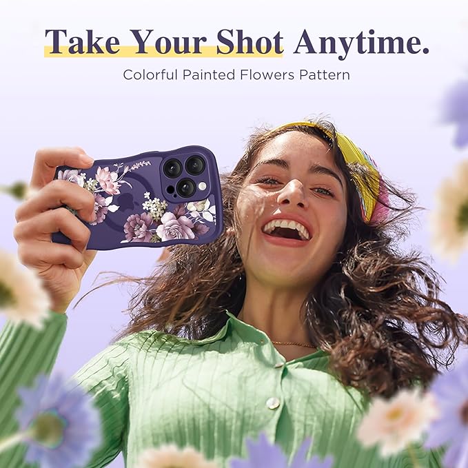 GVIEWIN for iPhone 14 Pro Max Case Compatible with MagSafe [Curly Wave Edge][Full Camera Protection] Floral Translucent Shockproof Magnetic Women Phone Case for 14 Pro Max, Cherry Blossoms/Deep Purple