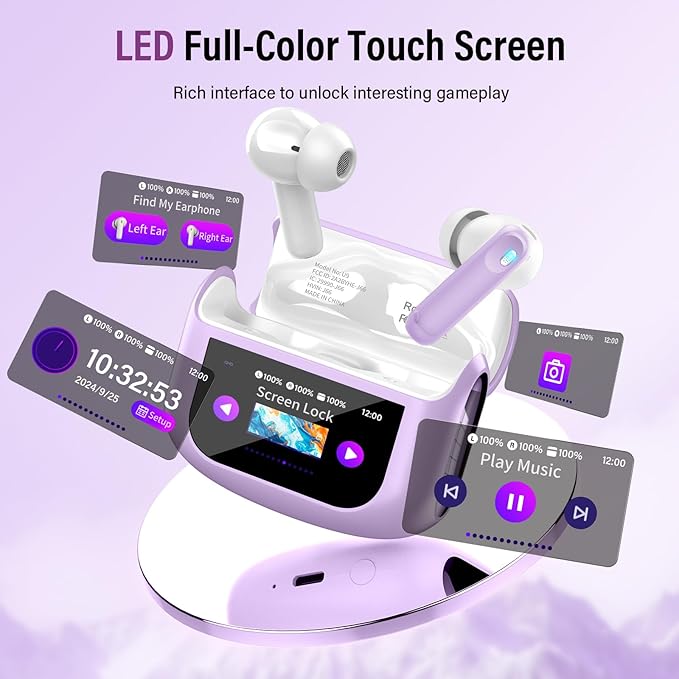 Thunelec Wireless Earbuds, Bluetooth 5.4 Headphones with Multifunctional Touch Screen, 48H Bass Stereo Ear Buds with ANC/ENC Noise Cancelling/Transparency Mode, IPX7 Earphones with 5 EQ Modes, Purple