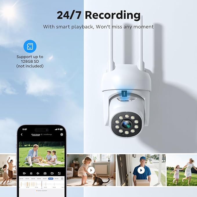CAMCAMP Outdoor Security Camera Wireless Cameras for Home Security, 2K 360° View Pan/Tilt, Auto Human Tracking, 2.4G& 5G WiFi, Three Night Vision, Two-Way Talk, Indoor, IP66, Support SD Storage (1, W)