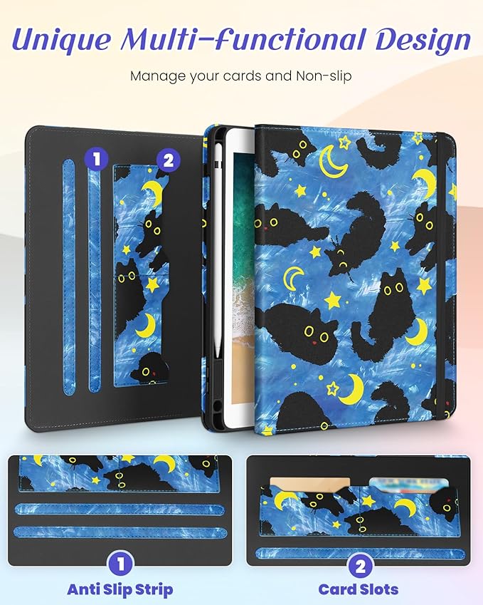 Kidcube for iPad 5th Generation Case 2017/Air 1st 2013/Pro 9.7 Inch Case 2016 - Women Girls Kids Cute Rotating Stand Folio Cover with Pencil Holder & Card Slot Girly Cat Stars Blue Teen Design Cover