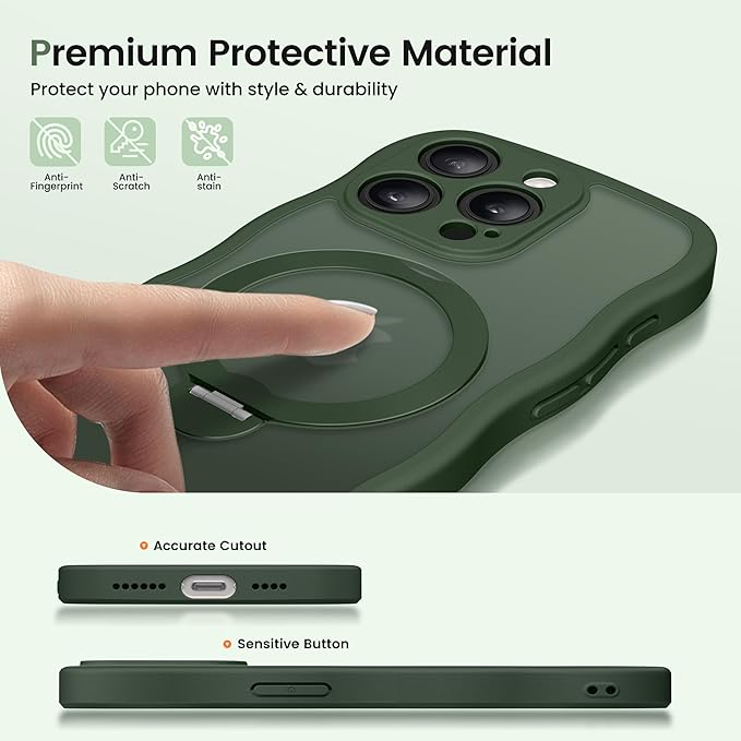 CAPRARO for iPhone 14 Pro Max Case with 360° Spin Magnetic Stand for Women, [Compatible with MagSafe] [Full Camera Protection] Cute Wave Translucent Matte Case for iPhone 14 Pro Max, Dark Green