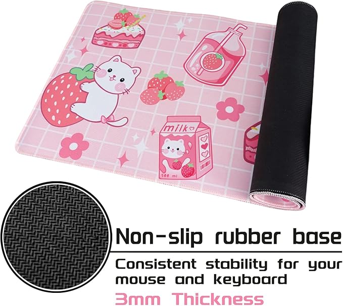 Kawaii Gaming Mouse Pad, Extended Large Cat Strawberry Milk, Pink, 31.5 X 11.8 Inch