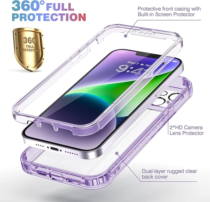 Diaclara Designed for iPhone 14 Case, Full Body Rugged Case with Built-in Touch Sensitive Anti-Scratch Screen Protector, with Camera Lens Protector (Clear Purple)