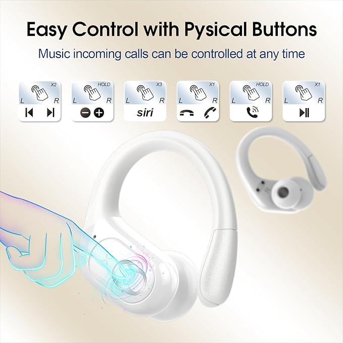 Wireless Earbuds 75hrs Bluetooth 5.4 Headphone Sport, 2026 Bluetooth Earbuds Stereo Deep Bass Over Ear Bud with Earhooks, ENC Noise Cancelling Mic, IPX7 Waterproof Earphone for Gym/Workout, White
