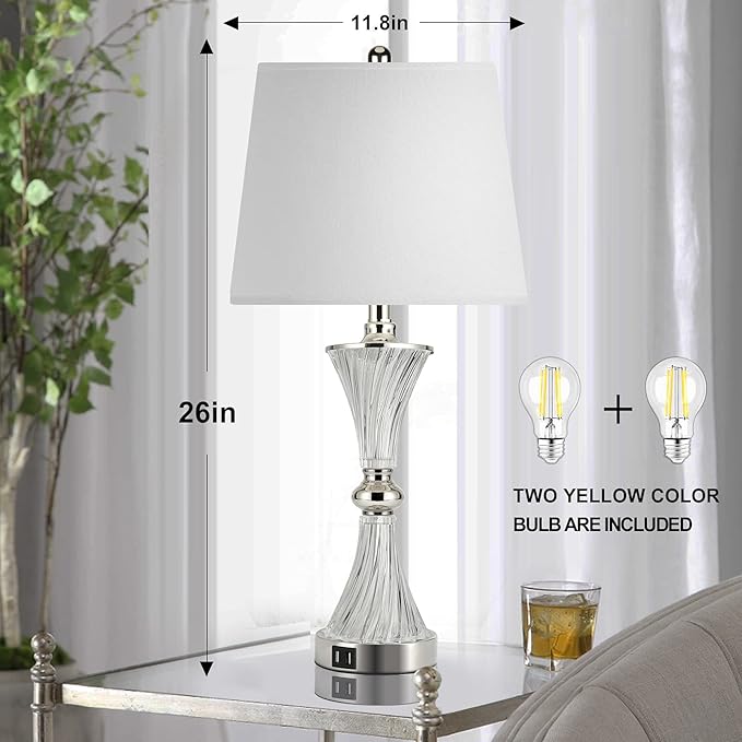 Hamucd Touch Control Table Lamp for Bedrooms 3 Way Dimmable White Drum Shade Modern Bedsides Nightstand lamp Set of 2 with 2 USB Charging Port(Bulbs Included)