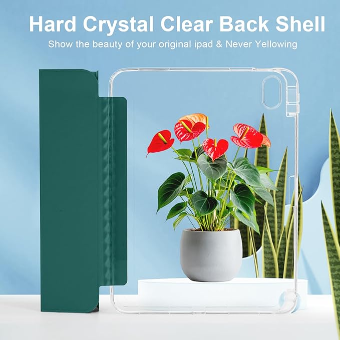 Case for iPad A16 11th Generation 11 Inch 2025, iPad 10th Generation 10.9 Inch 2022, Hybrid Protective Cover with Pencil Holder, Clear Transparent Back Shell Anti-Yellowing Case, Dark Green