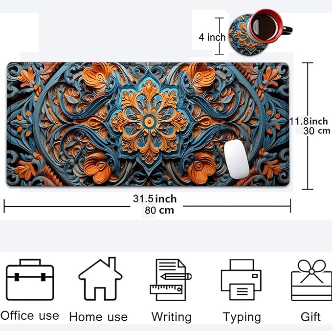 Large Mouse Pad, 31.5 x 11.8in Extended Gaming Mouse Pad with Stitched Edges, XXL Mousepad Protector Non Slip Rubber Base for Office and Home Writing Mat, Flower Art Pattern Desk Mat