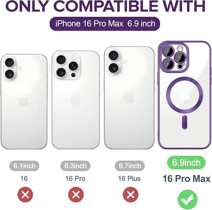 Hython Magnetic Clear for iPhone 16 Pro Max Case with Camera Lens Protector [Compatible with MagSafe] Plating Edge Slim Soft TPU Cover Protective Phone Case for iPhone 16 Pro Max 6.9", Matte Purple