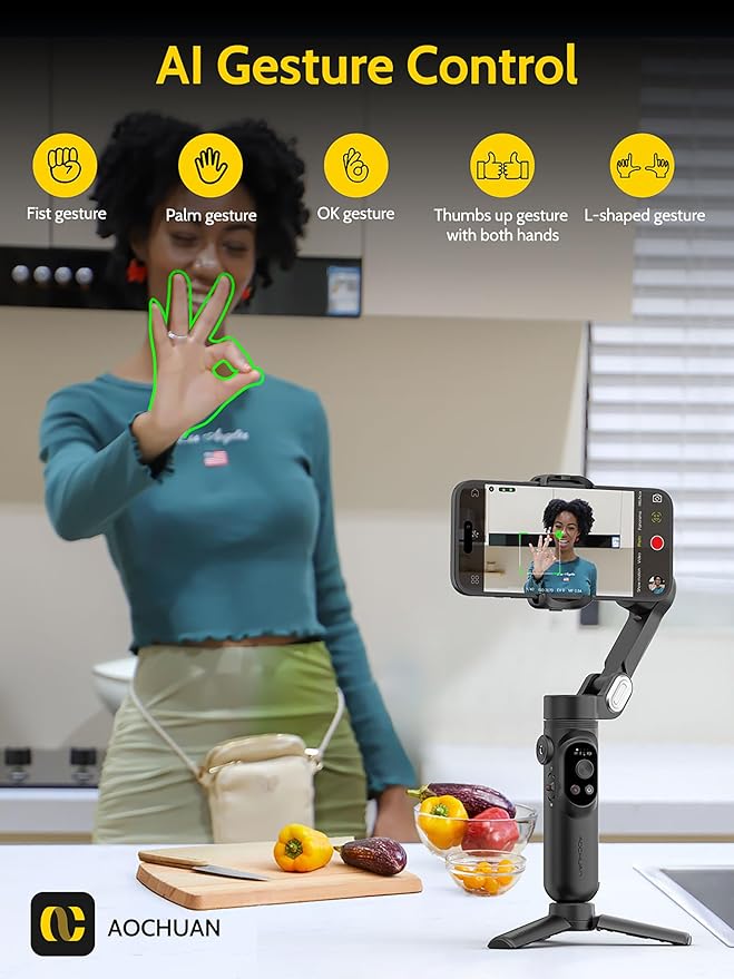 AOCHUAN 3-axis Phone Gimbal Stabilizer for iPhone 15/14/13 Pro Max Android w/Face Tracking,1/4"Threads,Built-in Fill Light, Portable Smartphone Gimbal Video Recording for TikTok,YouTube-Smart X Black