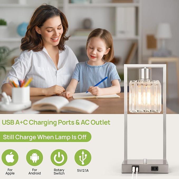 16" Desk Lamps for Home Office, Bedside Lamps with USB C+A Ports and Outlet, Nickel Fully Stepless Dimmable Industrial Table Lamps with Crytal Glass Shade for Reading Living Room, LED Bulbs Included