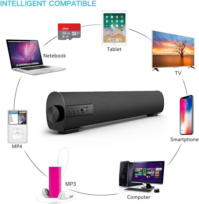 Portable Soundbar for TV/PC, Outdoor/Indoor Wired & Wireless Bluetooth 5.0 Speaker with Remote Control and Coax Cable, 2X5W Mini Home Theater Sound bar with Built-in Subwoofers for Projector (Updated)